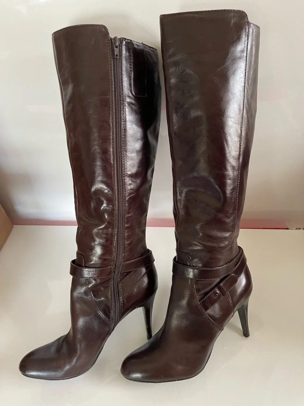 Nine West Tall Brown Leather High-Heel Boots Women’s 9.5M Classic Preppy Fall